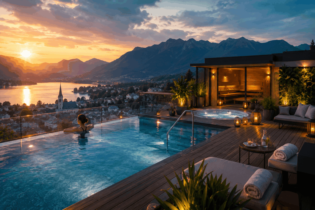 Rooftop-Spa eines Wellnesshotels mit Infinity-Pool, Panorama-Sauna und Blick auf See und Berge